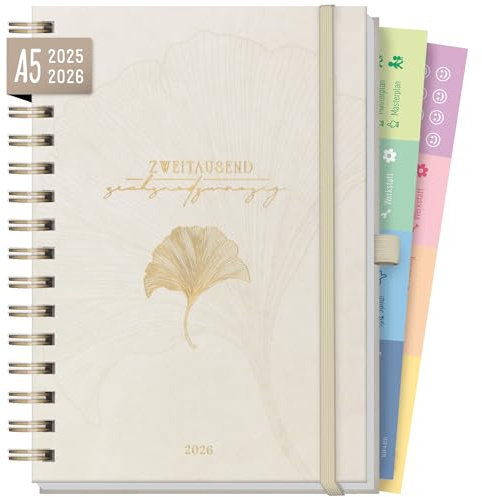 Häfft® Lieblings-Timer Deluxe Ringbuch Kalender 2025/2026 A5 Beige Ginkgo Wochenplaner 17 Monate: Aug. 25 bis Dez. 26 - Hardcover Terminkalender, Terminplaner - nachhaltig & klimafreundlich