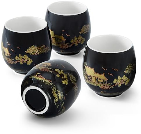 DUJUST Set de 4 tasses à thé japonaises traditionnelles, belles tasses à thé asiatiques, cadeau pour adultes, amateurs de thé/femmes/hommes (Campagne en or)