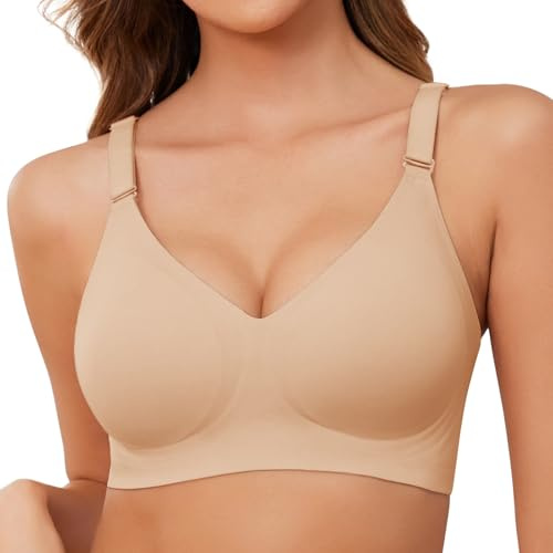 Lonya Bras for Women Push Up Seamless Non Wired Support Full Coverage Ladies V Neck Wireless Bra Comfort Adjustable Padded Zero Feel Bralettes, Skin, XL