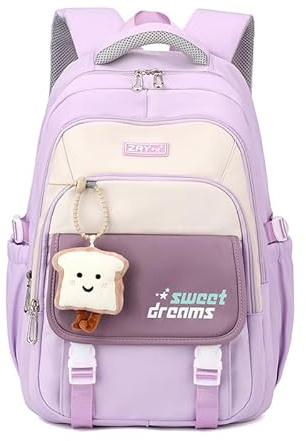 SERTAS Joli sac à dos d'écolier pour fille, violet/beige, avec motif Sweet Dreams et pendentif en forme de pain, lilas, S