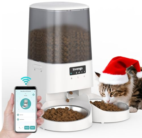 Invengo Automatic Cat Feeder with App Control, 5L Food Dispenser for 2 Cats, 2.4/5G WiFi, Dual Power, Programmable Portions, Anti-Jam & Fresh-Lock, Stainless Steel Bowls, Easy to Clean