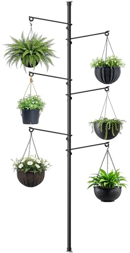 Zononoca Tension Rod Plant Stand, Plant Poles for Hanging Plants Indoor, Metal Floor to Ceiling Hanging Plants Stand, Tension Pole Plant Stand with 6 Hooks (Fit 3.6-10ft)
