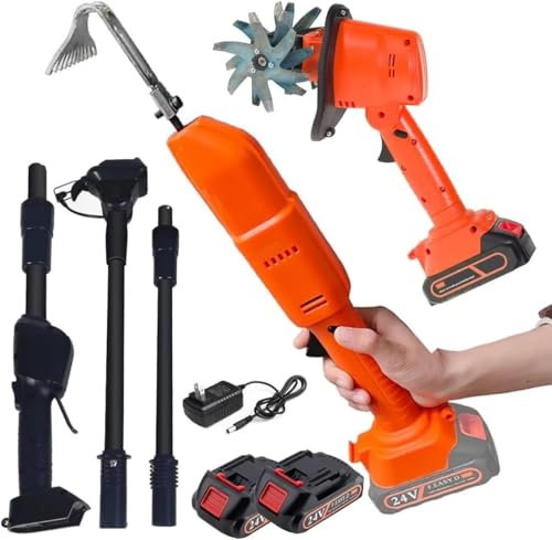 Motozappa elettrica da giardino, motozappa per coltivare il terreno, mini zappa da scavo, macchina per diserbo portatile, con batterie e asta telescopica, per tagliare l'erba, preparare il terreno,