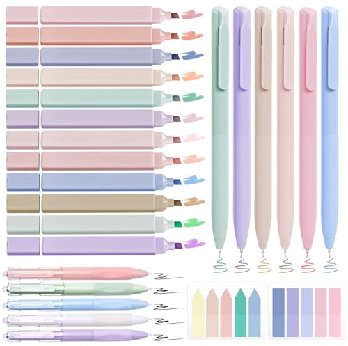 YIBONIKA 25 PCS Stationery Supplies with 12 Aesthetic Highlighters, 6 Colour Gel Pens, 5 Black Gel Pens, 2 Sticky Notes, Essentials Stationary Set for Note-Taking and Creative Writing