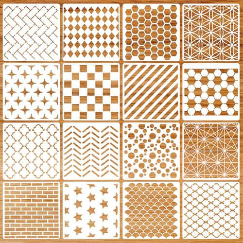 16 Stück Schablone Set 15x15cm Geometrische Schablonen zum Malen, Kunst Textilgestaltung Wiederverwendbare Wandgestaltung Malschablonen Weiß Kunststoff Schablonen für DIY Kunst Möbel Wände