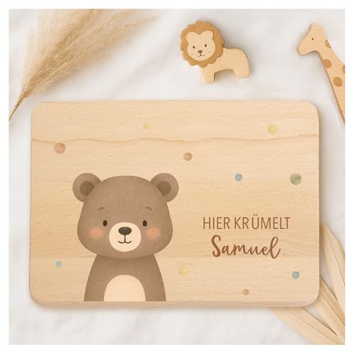 Little-Deco Personalisiertes Frühstücksbrettchen für Kinder, Hier Krümelt Brettchen mit Namen, Individuelles Holzbrett mit zertifiziertem UV-Druck, Lebensmittelecht XFL1003