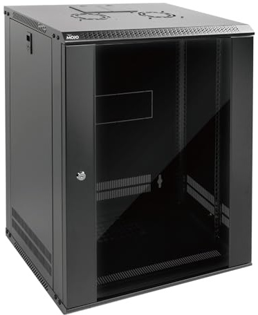 Tecmojo 19 tum 15U 450 mm djup nätverksskåp, väggserverskåp, 19 tums IT-nätverksrackhölje, låsbar dörr och sidoväggar, glasdörr, svart, platt förpackning