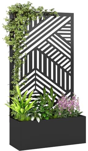Outsunny Metal Garden Bed with Trellis, Geometric Slatted Cut-out