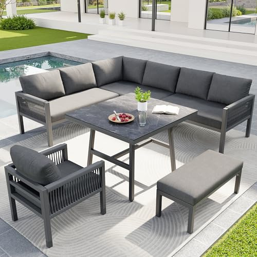 FammyLoft Gartensofa Set für bis zu 8 Personen, L-Form Outdoor Sofa mit Marmor-Glasplatte Tisch, Handgeflochtenes Gartenlounge set mit 1 Sesseln, Terrassenmöbel Wetterfest, Robuster Eisengestell, Grau