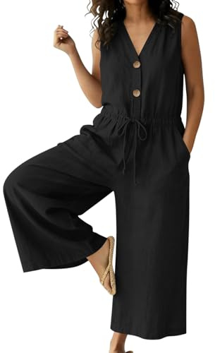 KODMNSW Jumpsuit Damen Elegant Baumwolle Leinen Overall Sommer Hosenanzug mit Kordelzug Taillen Ärmellos V-Ausschnitt Jumpsuits Weites Bein Romper Strand Onesie Outfits