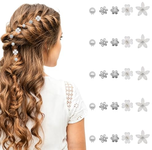VEGCOO 25 Pinces 5 Motifs Strass Perles Petites Fleurs Cheveux, Blanc Pinces à Cheveux à Fleurs, Mini Épingles à Cheveux pour Femmes, Barrettes de Mariée pour Mariage, Accessoire Capillaire (Blanc)