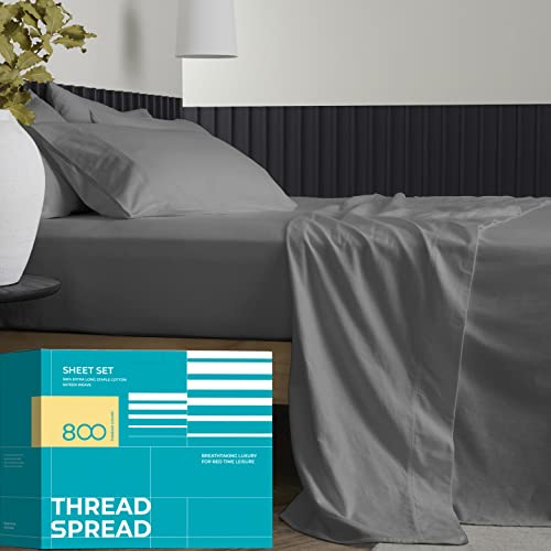 THREAD SPREAD Pure 100% Egyptian Cotton Sheets Full Size - 800 Series Euphoria Collection Deep Pocket Full Size Sheets Set (4 PC, Dark Grey), Silky Soft Cooling Hotel Sheets, Fits Mattress Upto 18