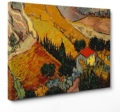 ConKrea - Quadro su Tela Canvas - INTELAIATO - Pronto da Appendere - Landscape with House And Ploughman - Paesaggio con Casa e Aratore per Van Gogh - 50x70cm - Senza Cornice - (cod.2653)