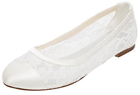 Emily Bridal Spitze Hochzeit Schuhe Flache Elfenbein Pumpen Runde Slip-on Brautschuhe (EU42, Elfenbein)