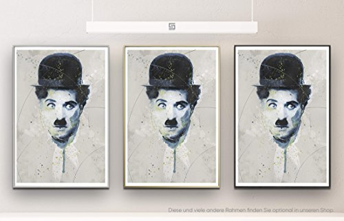 Charlie Chaplin 90x60cm auf Masterclass Metallic Pearl High Gloss Photo Paper inklusive Aluminium Wechselrahmen schwarz mit Glas und Rückwand fertig gerahmt