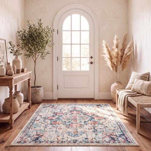 SAFAVIEH Boho Teppich für Wohnzimmer, Esszimmer, Schlafzimmer - Madison Collection, Kurzer Flor, Creme und Blau, 180 X 300 cm