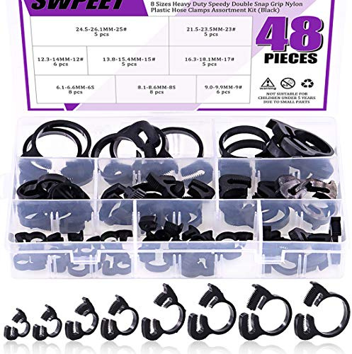 Swpeet 48Pcs 8-Größen Heavy Duty Black Double Snap Grip Nylon Schlauchschellen Sortiment Kit Perfekt für sicheren Griff Automotive, Elektrik, Marine, Medizin, Landwirtschaft