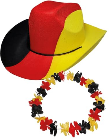 Fußball Klamotten Hut Deutschland Cowboy-Hut mit Hawaiikette Fan-Artikel schwarz rot Gold EM WM Herren Fußball Deutschland