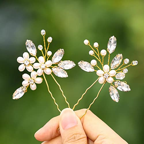 IYOU Brautschmuck Hochzeit Haarnadeln Silber Kristall Kopfschmuck Perle Haarspange Funkelnde Strass Blume Braut Haarschmuck für Damen(2 Stück) (Gold)