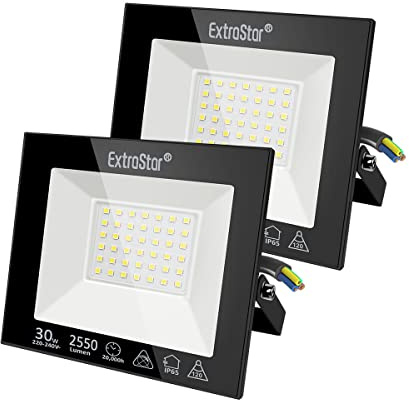EXTRASTAR Projecteurs LED Extérieur 30W, IP65 Etanche, 2550LM, Spot LED Extérieur, 6500K Blanc Froid, Eclairage de Sécurité, pour Jardin Terrasse Garage Patio Grange Cour, Lot de 2