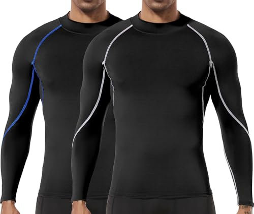 Herren (2er Pack) Kompression Langarm Stehkragen Wintersport Baselayer T-Shirts Tops Schwarz06-L