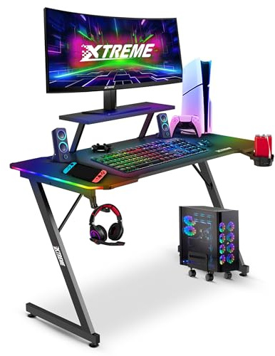 Olsen & Smith Compact Gaming Desk 120x60 Carbon Fibre Effect & RGB Lights | Compact PC Computer Gaming Desk 120x60cm , RGB LED Lights & Effects , Monitor Stand , Cable Management (Black)