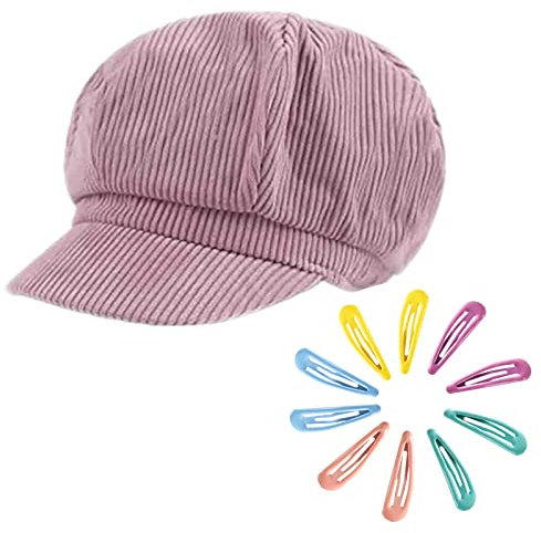 B-HOT Berretto da donna con visiera da ragazzo Baker Boy in velluto a coste piatto visiera tassista cappello con 10 fermagli per capelli