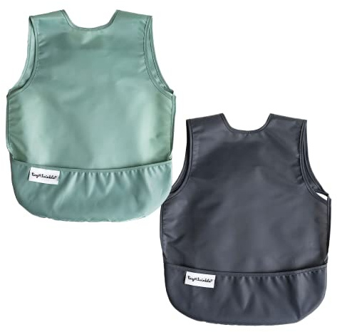 Tiny Twinkle Mess Proof Baby Bibs | 2 Pack Waterproof Toddler Bib for Eating | Baby Apron for Feeding, Machine Washable, Perfect Shower Gift (Sage Charcoal, 6–24M)