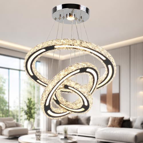 CXGLEAMING Dimmable 3 Ring Modern Crystal Chandelier LED Ceiling Light
