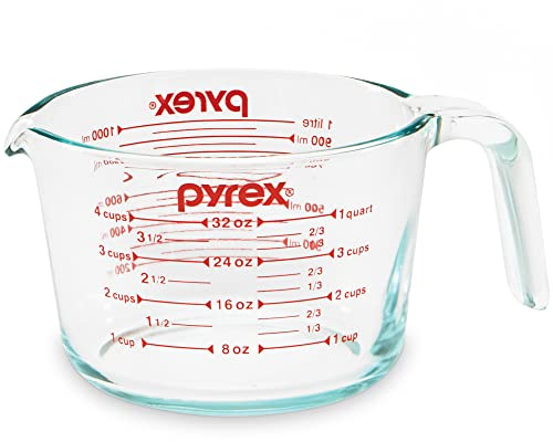 Pyrex 4-Cup Glass Measuring Cup For Baking and Cooking, Dishwasher, Freezer, Microwave, and Preheated Oven Safe, Essential Kitchen Tools
