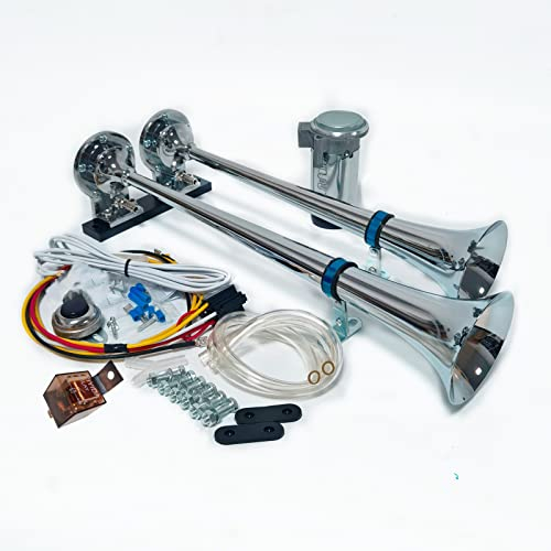YIYIDA Autohorn 170db Lufthorn 24V Chrom Zink Autolautsprecher Silber Trompete LKW Hupe Mit Luftpumpe Kompressor Doppelrohr Air Horn Für Auto Zug Schiff