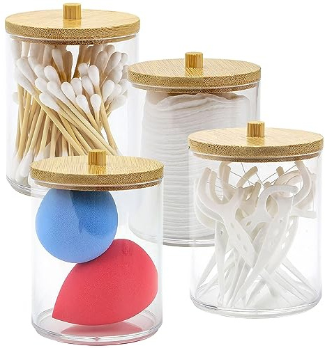 Taylor & Brown 4 Pack Qtip Holder for Bathroom - Apothecary Jars with Bamboo Lids, Cotton Pad Holder Qtip Dispenser Canisters Swab Pads for Cotton Ball, Floss, Hair Clips