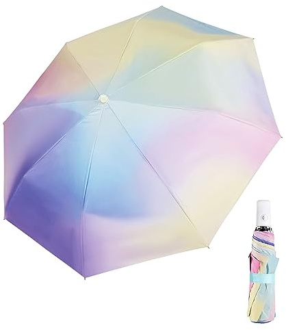 YumSur Faltbarer Regenschirm leicht, automatisch, kompakt, UV-protected, schnell trocknend, Regenbogen-Design