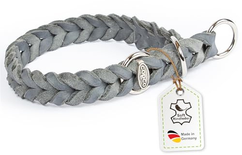 CopcoPet Hundehalsband Würger 30–35 cm x 15mm Grau – Geflochtenes Halsband mit Zugstopp & verchromtem Ring – Aus robustem Fettleder – Für kleine Hunde – Weiches Lederhalsband fürs Training