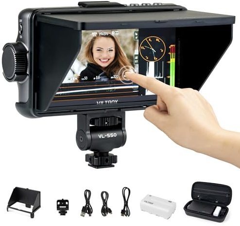 VILTROX DC-550 Pro Touchscreen Kamera Field Monitor 4K HDMI (5,5 Zoll) 1200 Nits 160° Weitwinkel DC 12V Typ-C 5V 3D Lut Peaking Focus Assist für DSLR Kamera Monitor mit Akku und Sonnenschutz haube