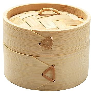 nerhemg Vaporera de bambú, mini cesta de bambú con asa, 10 cm x 10 cm x 7 cm, color primario