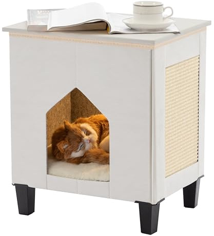 NUROMY Cat House for Indoor Cats Condo,Cat Furniture with Large Area Scratch Pad，Leather Cat Bed Side Table & Nightstand for Living Room and Bedroom Decoration,White