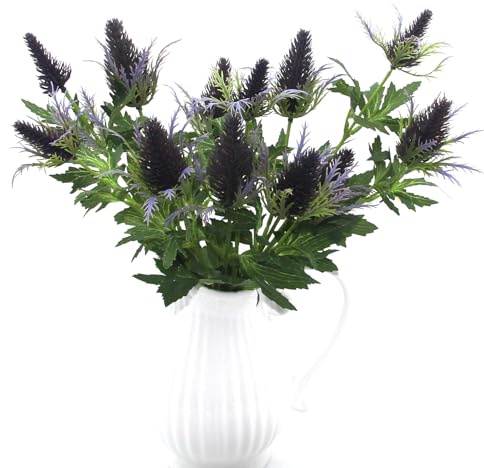 HASWITDA 4 Stems Artificial Eryngium Thistle Flowers Faux Sea Holly Silk Long Stem Fake Flora for Outdoor Indoor Home Decoration Bouquet Wreaths Centrepiece Arrangement Purple WITHOUT VASE