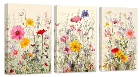 ZXHYWYM Floral Wall Art Set of 3 Watercolor Wildflower Paintings Colorful Flower Pictures Wall Decor Botanical Canvas Prints for Girls Room Decor Frame (B, (28x35cmx3))
