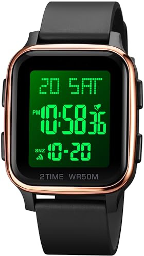 findtime Digitale LED Armbanduhr Herren Damen Rechteck Quadrat Große Zahlen Unisex Herrenuhren Sport Wasserdicht Doppelzeite Timer Stoppuhr Schwarz
