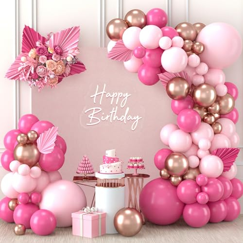 Kit Arche Ballon Rose, 110 Pièces Guirlande Ballon Rose Gold Macaron Rose pour Decoration Anniversaire Filles Femmes, Mariage, Fête Prénatale, Révélation du Genre, Fiançailles, Memorial Day
