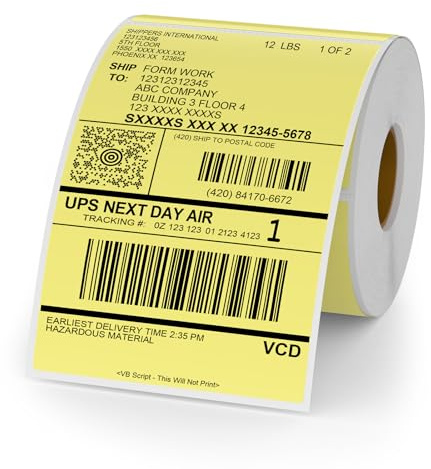 YIKIADA Rotolo di etichette termiche in vinile giallo, 150 x 100 mm, adesivo termico diretto perforato, etichetta di spedizione impermeabile per codice a barre, codice QR, 250 pezzi