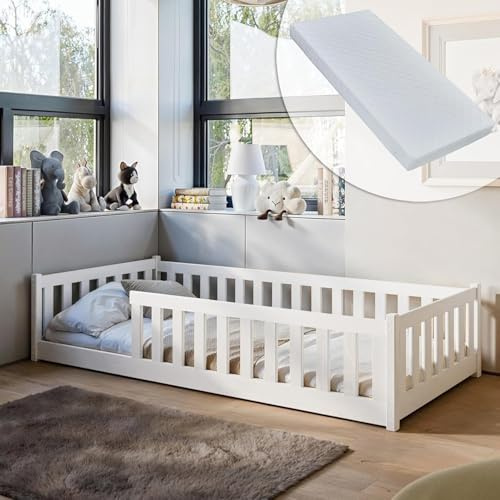 Kinderbett Bodenbett 80x180 cm Bett mit Matratze, Rausfallschutz & Lattenrost Montessori Bett Bed Gitterbett Kinder Jugendbett Einzelbett komplett Set | weiß | von 3. bis 12. Lebensjahr