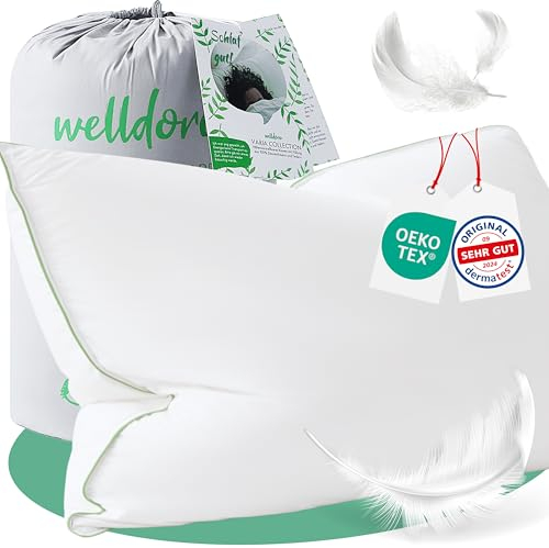 Welldora Premium Kopfkissen 40x60 | 100% natürliche Daunen & Federn | Ergonomisch optimiert Nackenstützkissen | Kissen fachärztlich geprüft, Oeko-Tex Zertifiziert in Deutschland