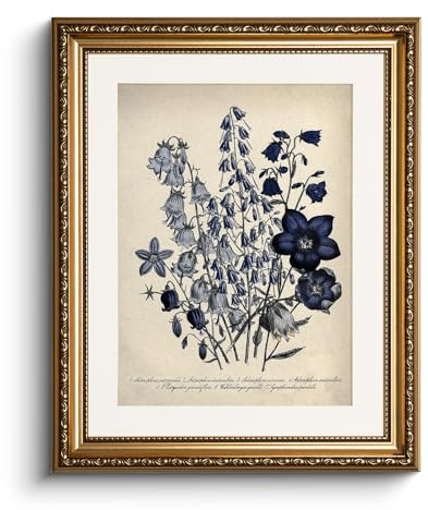HUARCEY Leinwand Bilder mit Gold Rahmen, Vintage Wandbilder, Klassisch Wand Deko Wohnzimmer Schlafzimmer Badezimmer Küche, Bauernhaus Zimmer Deko Aesthetic, Blaue Pflanzen Painting, 33x40cm, klein