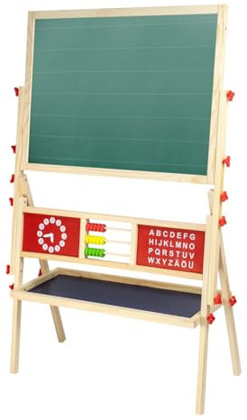 Idena 20177 - Magnetstandtafel für Kinder, ca. 76 x 38 x 118 cm, Doppelseitige Magnettafel aus FSC Holz, Kreidetafel inkl. Ablage, Abacus und Uhr