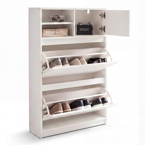 FineBuy Schuhschrank 71x24x110 cm Weiß, Schuhkipper Geschlossen | Schuhkommode mit Ablagefläche für Deko und Schlüssel, Flurkommode mit Rückwand, schützt die Wand
