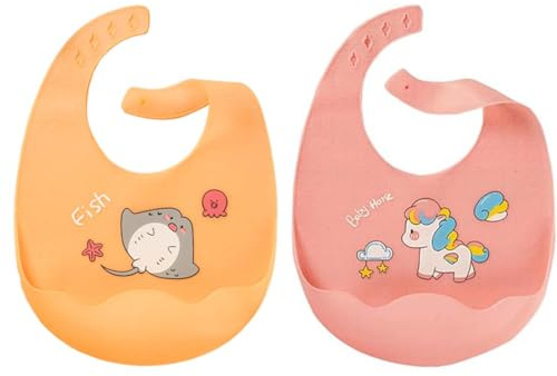 LAKJUOZ 2 Pièces Bavoir Silicone Bebe Bavoirs Bébé Bavoir Silicone Souple Bavette Recuperateur Imperméable Ajustable Enfant Waterproof Bavoir Repas
