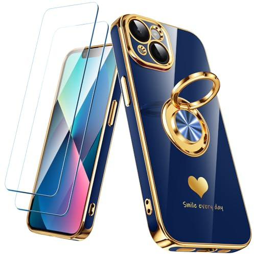 Nonional Compatible for iPhone 13 Case with 2 Pack Screen Protector, 360° Rotatable Ring Holder [Luxury Hearts Pattern] Plating Gold Edge Slim Soft Phone Cover Case for iPhone 13 - Blue