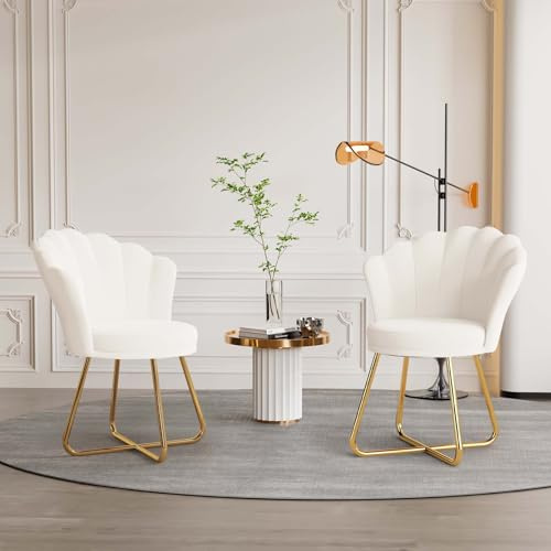 Hawthyhome 2er-Set Schminktisch-Stühle aus Samt, Goldgestell, Weiß | 2er-Set; Blütenblatt-Rückenlehnen; gepolsterte Sitzflächen; goldfarbenes Metallgestell; Schminkbereich & Schlafzimmer